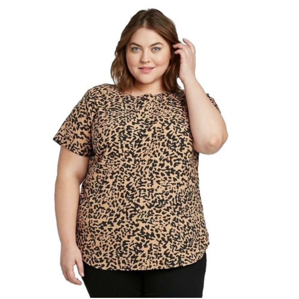AVA & VIV Leopard Print Short Sleeve Top 2X Plus Size Animal Print Tee
